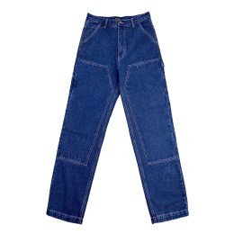 Fashion design stitching dark blue jeans bulk order wide leg jeans 100% polyester with embroidered logo JS012 Fashion design stitching dark blue jeans bulk order wide leg jeans 100% polyester with embroidered logo JS012